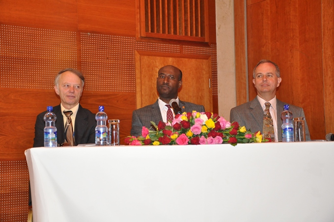 Dennis Weller, USAID Mission Director; Berhanu Feyisa, Director General of FHAPCO; Paul Emes, Deputy Country Director of Save the Children delivered speeches on the closeout event (left to right). 